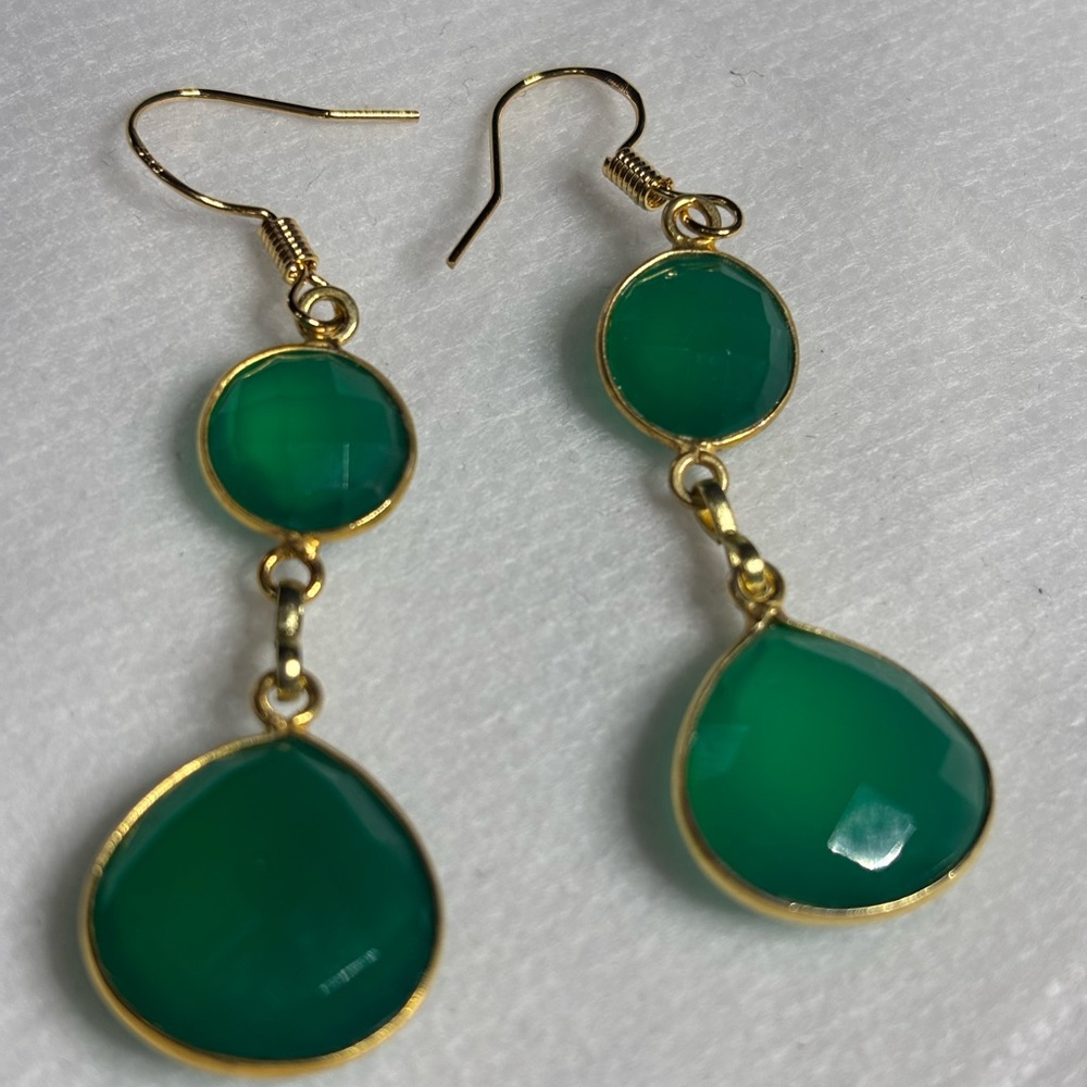 Hand crafted genuine green onyx pierced earrings 2 inches